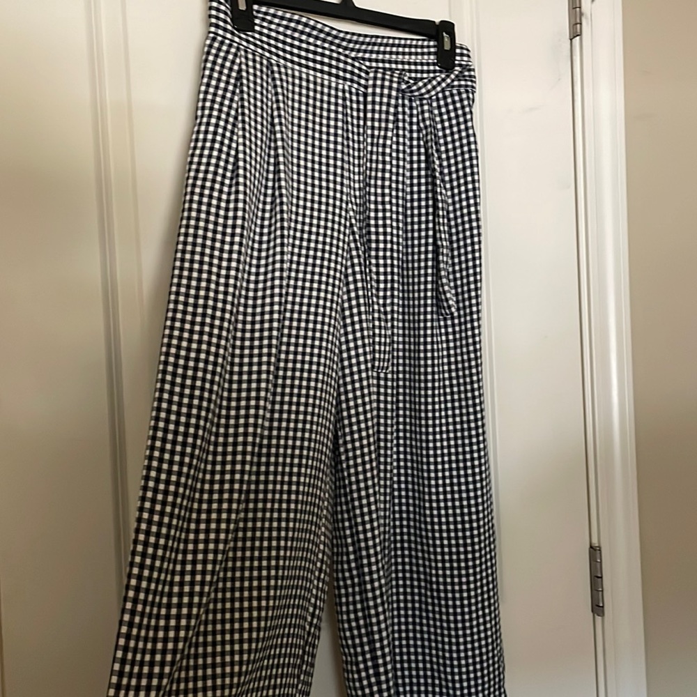ZARA navy gingham wide leg pants